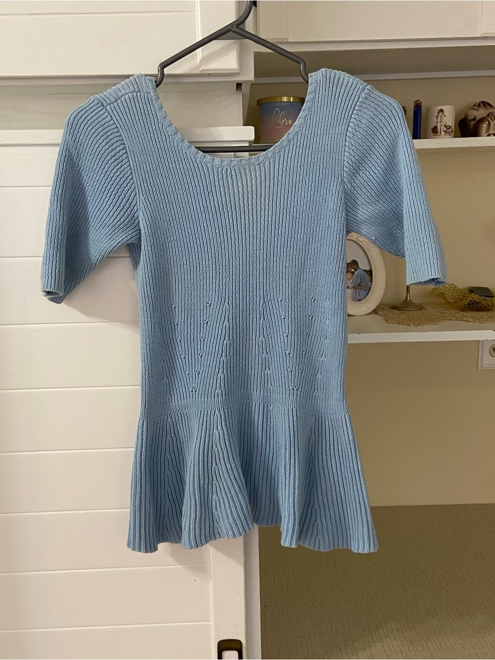 Light Blue Ribbed Knit Peplum Top